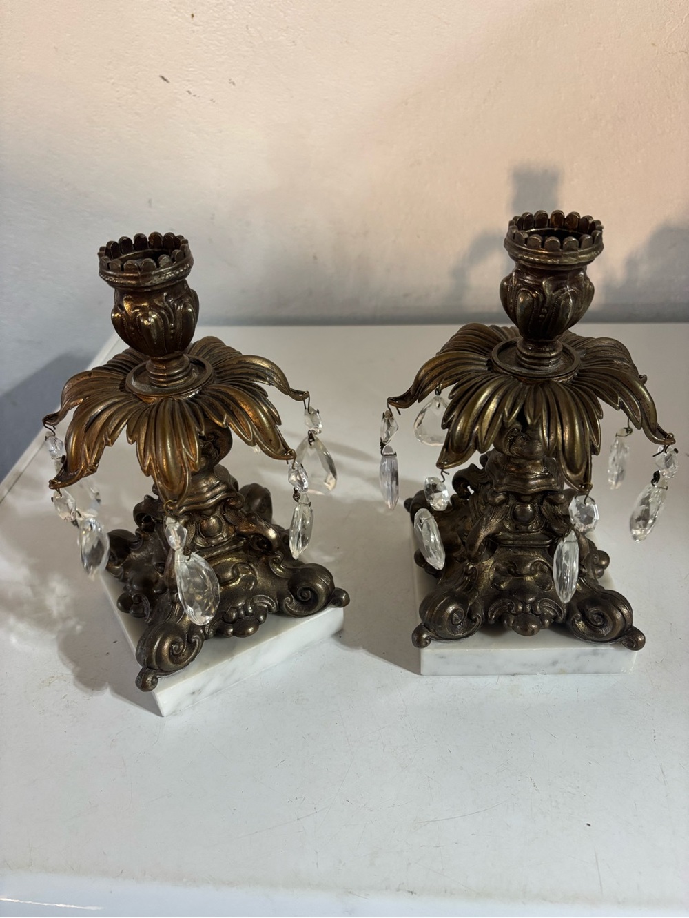 Antique-Style Brass Candle Holders with Crystal Drops - Pair